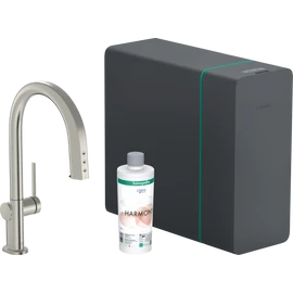 Hansgrohe Aqittura M91 Vízszűrős konyhai csaptelep és szódakészítő rendszer 210, kihúzható zuhanyfejjel, 1jet, sBox nemesacél felület 76836800