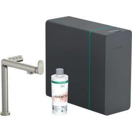 Hansgrohe Aqittura M91 Vízszűrős konyhai csaptelep és szódakészítő rendszer 240, kihúzható zuhanyfejjel, 1jet, sBox nemesacél felület 76837800