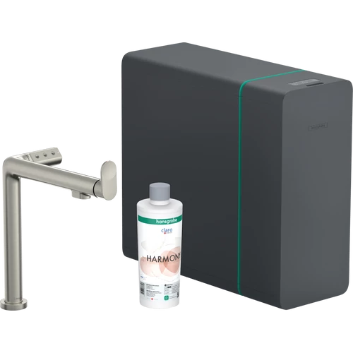 Hansgrohe Aqittura M91 Vízszűrős konyhai csaptelep és szódakészítő rendszer 240, kihúzható zuhanyfejjel, 1jet, sBox nemesacél felület 76837800
