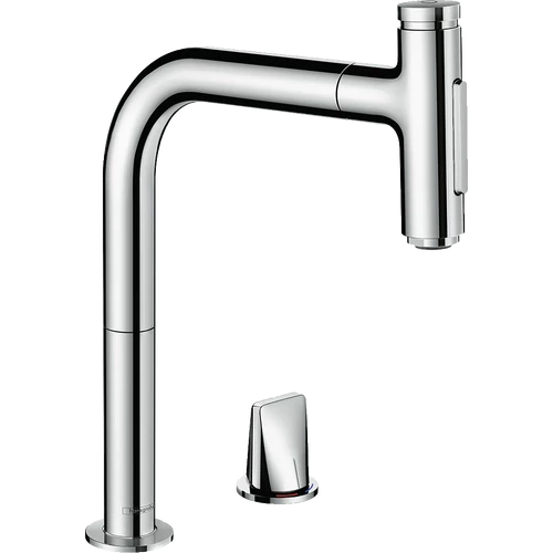 Hansgrohe Metris Select M71 2 lyukú króm konyhai mosdócsaptelep 200, kihúzható zuhanyfejjel, króm 73819000