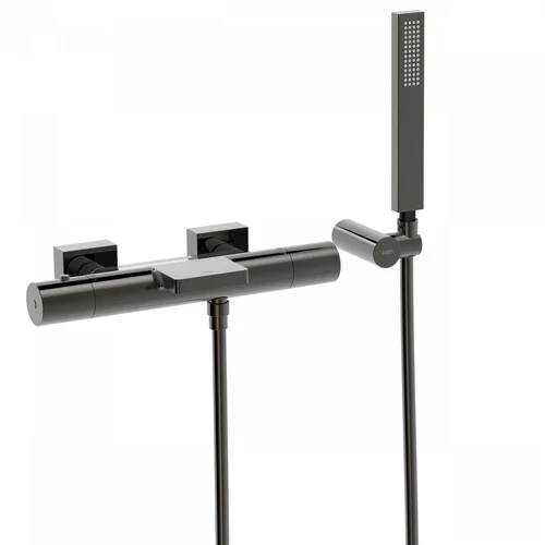 Tres Projekt-Tres falon kívüli termosztátos kádcsaptelep cascade kifolyóval metál fekete 21117409KM