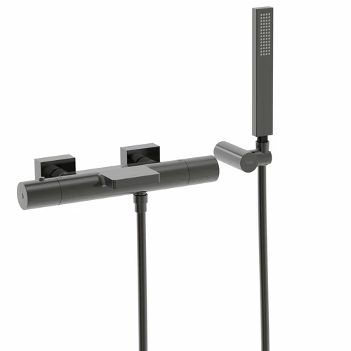 Tres Projekt-Tres falon kívüli termosztátos kádcsaptelep cascade kifolyóval csiszolt metál fekete 21117409KMB