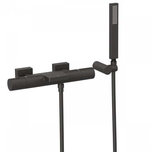 Tres Projekt-Tres falon kívüli termosztátos kádcsaptelep cascade kifolyóval matt fekete 21117409NM